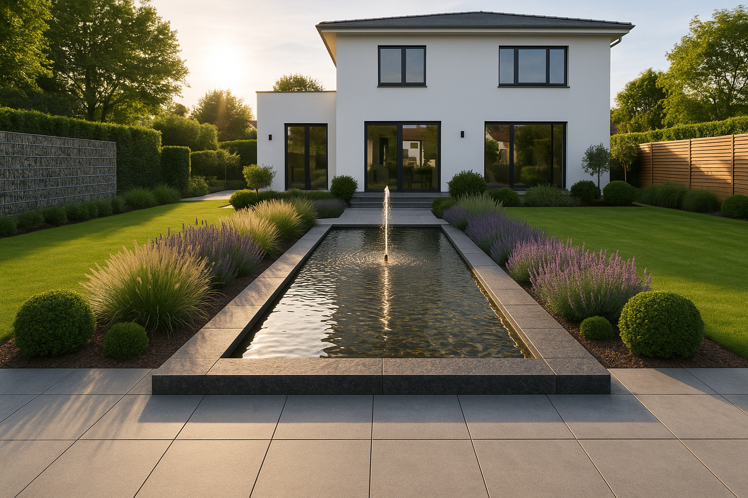 Modernes Haus mit Wasserfeature